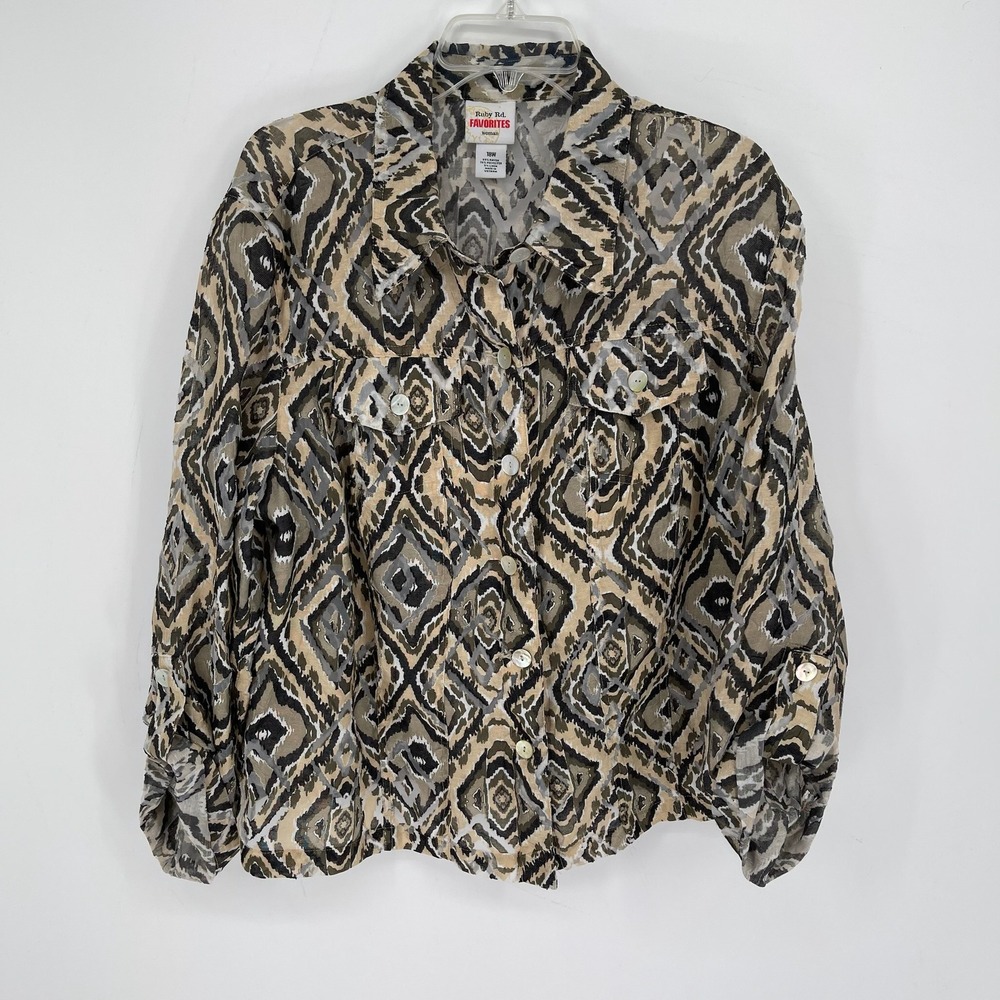 Ruby Rd Women's Tan Geometric Ikat Sheer Burnout‎ Button Front Shirt Size 18W